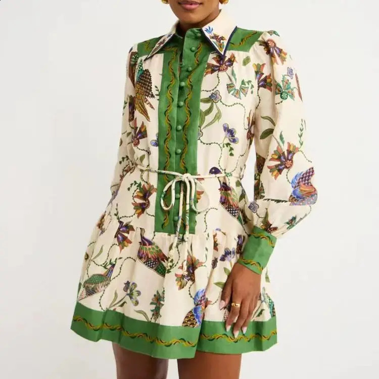 Long-sleeved Short Dress Flower Girl Floral Print Long-sleeved Lantern Sleeve Dress Lapel Graffiti Print Lace-up Dress For Women 240810