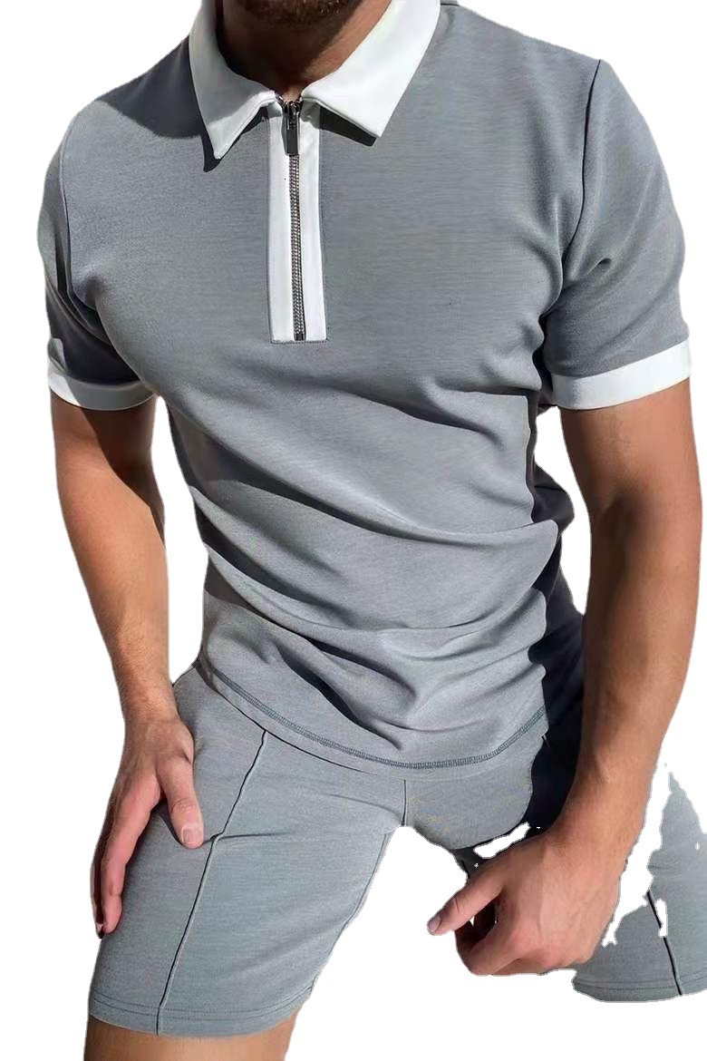 Spring and Summer New Grey Polo Shirt Zipper Color Matching Mens T-shirt Top