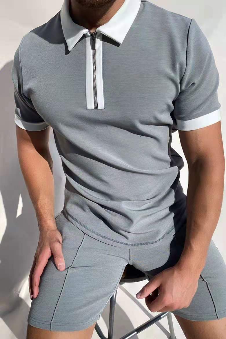 Spring and Summer New Grey Polo Shirt Zipper Color Matching Mens T-shirt Top
