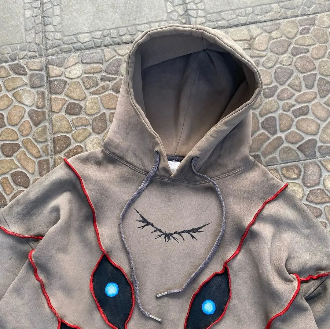 Gothic Punk Eye Pattern Patchwork Hoodies Women Y2k Top Retro Loose Long Sleeve Sweatshirt Men and Women Hoodie Streetwear 240810