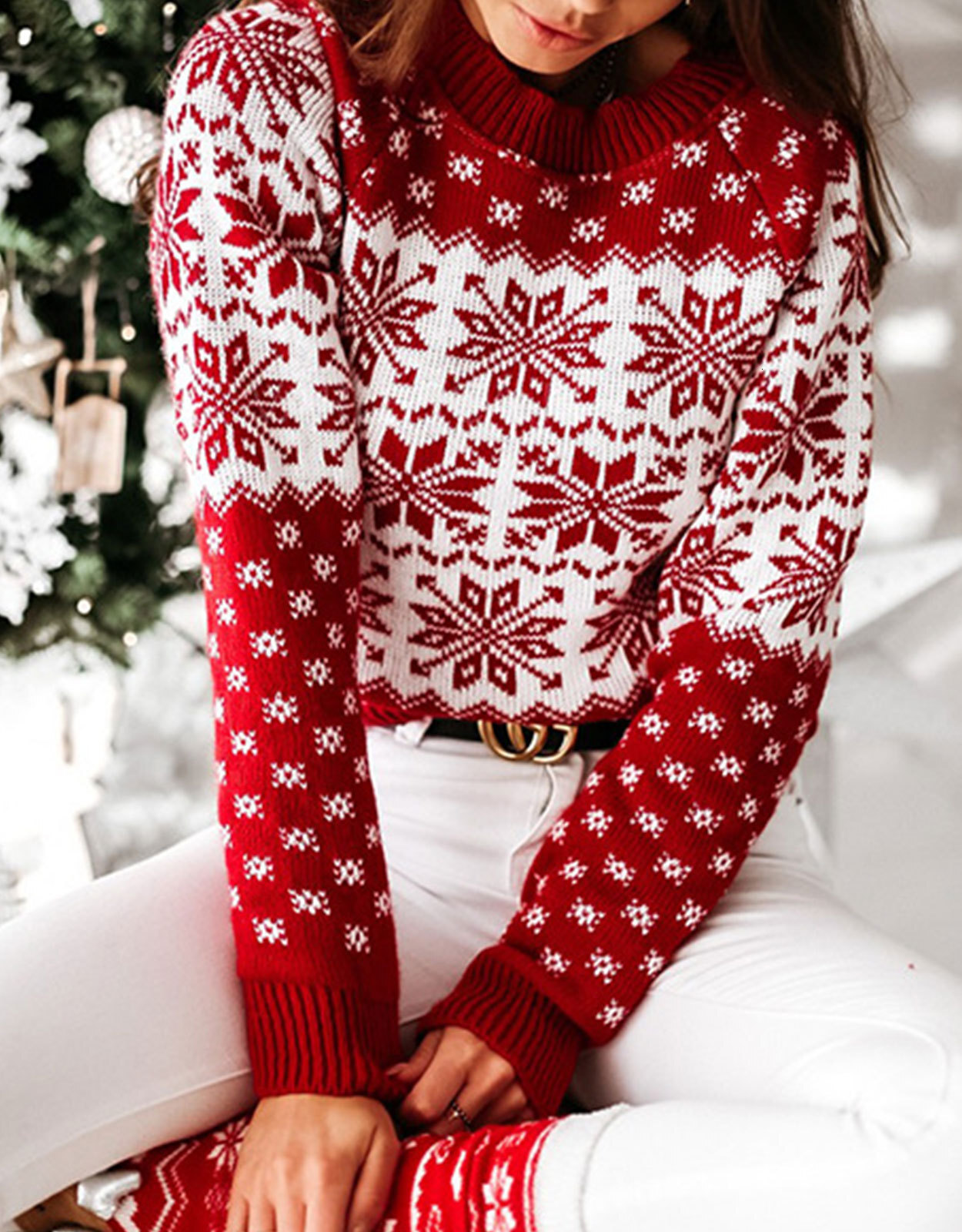 Autumn and Winter Womens Sweater New Christmas Snowflake Long Sleeved Knitted Sweater Fashionable Pullover Knitted Sweater for Women