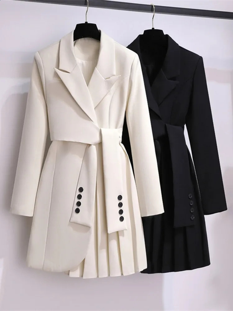 Autumn Office Sashes Bandage Waist Tie Blazer Dress Women Long Sleeve Notched Collar Pleated Irregular Mini Vestidos 240810