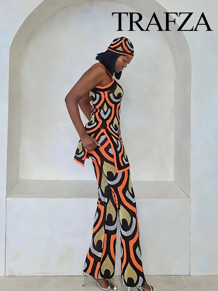TRAFZA 2024 Spring 2piece Womens Knitted Printed High Waist Slimming Mini DressElastic Straight Wide Pants 240809