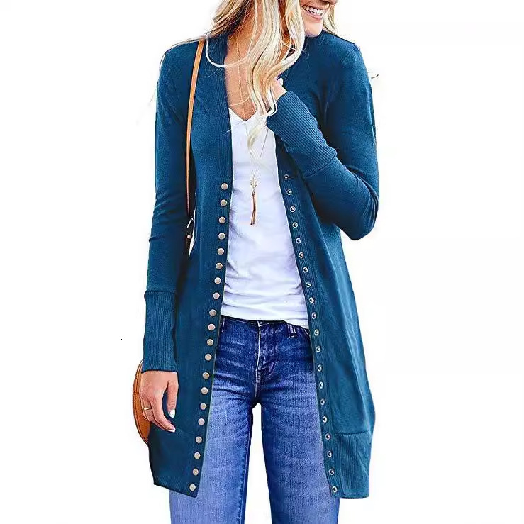 Autumn Winter Womens Sweater New Sweater Womens Solid Color Autumn Winter Button Long Cardigan