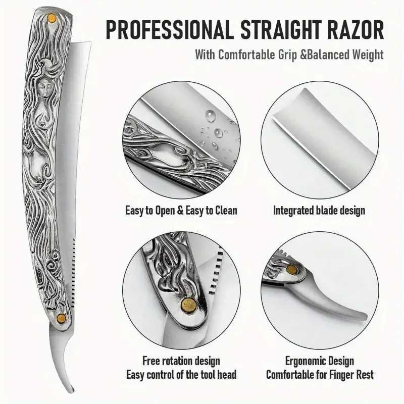 Professional barber straight edge razor used for cutting and styling mens hair - straight edge stainless steel razor tool W240809