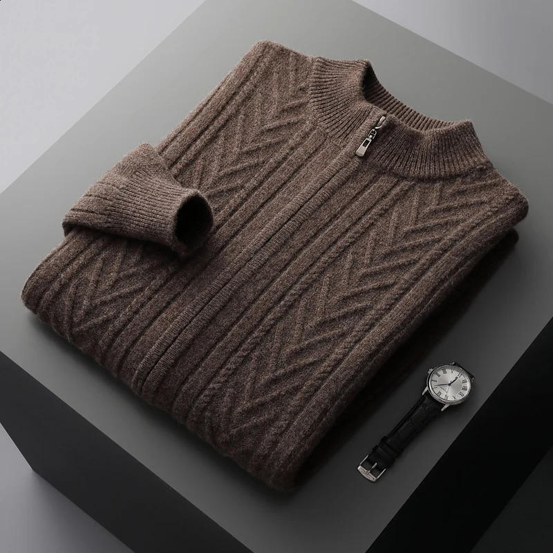 Autumn and winter 100% pure wool mens stand collar thickened cardigan cashmere sweater casual knitted plus size top w240824