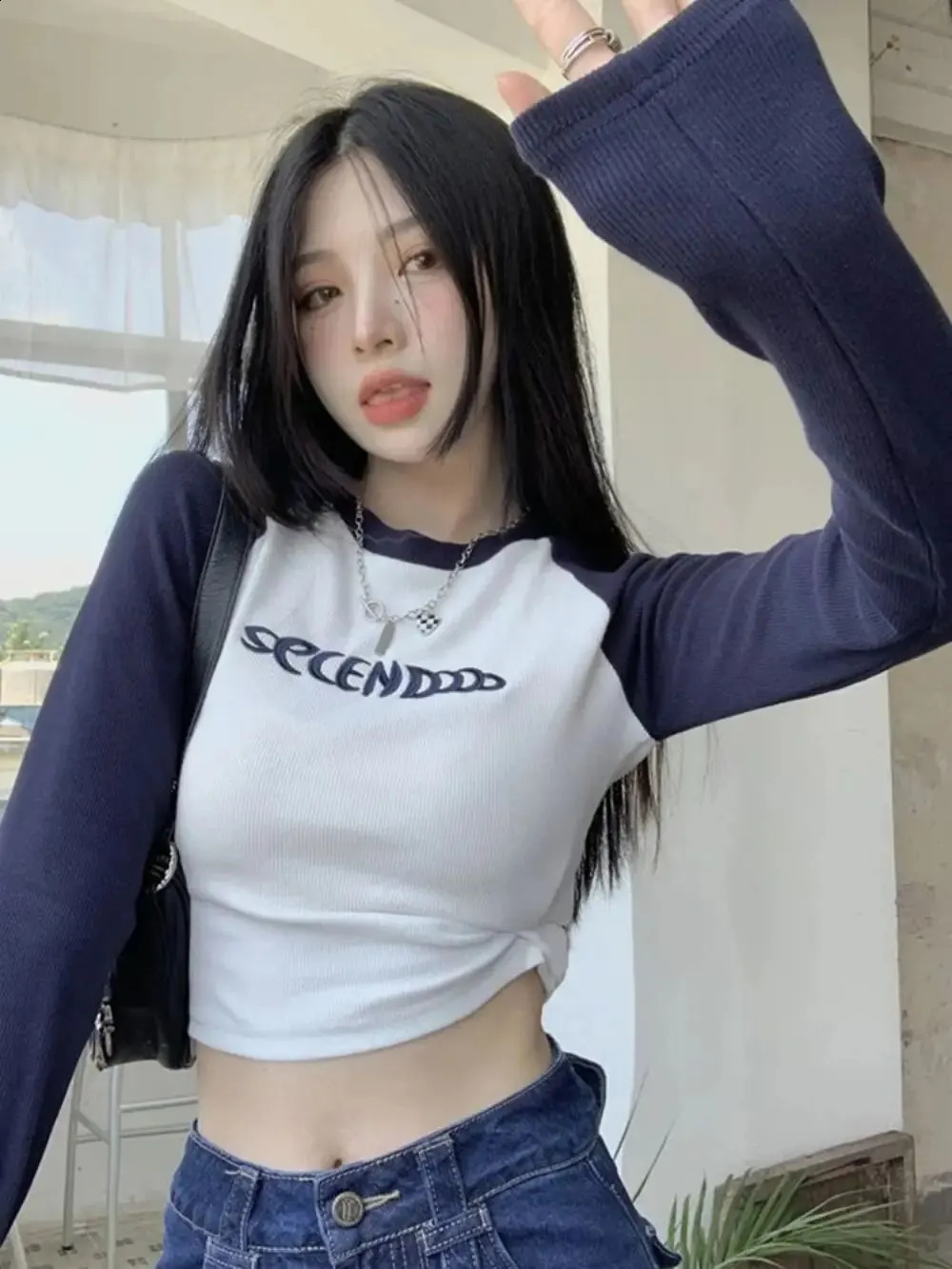Womens letter printed T-shirt autumn long sleeved patchwork top fashionable retro Y2K ONeck comparison crop Kpop 240826
