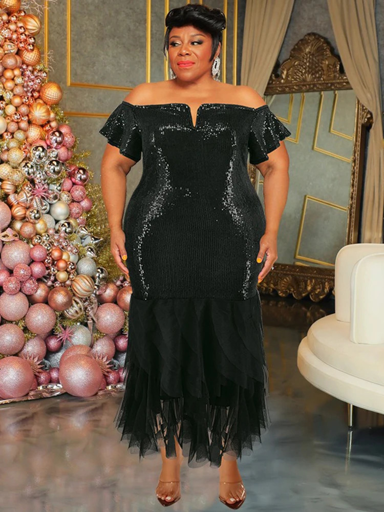 Elegant Dresses for Curvy Women for Evening Party Mesh Hem Black Sequin Dress Off The Shoulder Sexy Vintage Dress Plus Size 240810