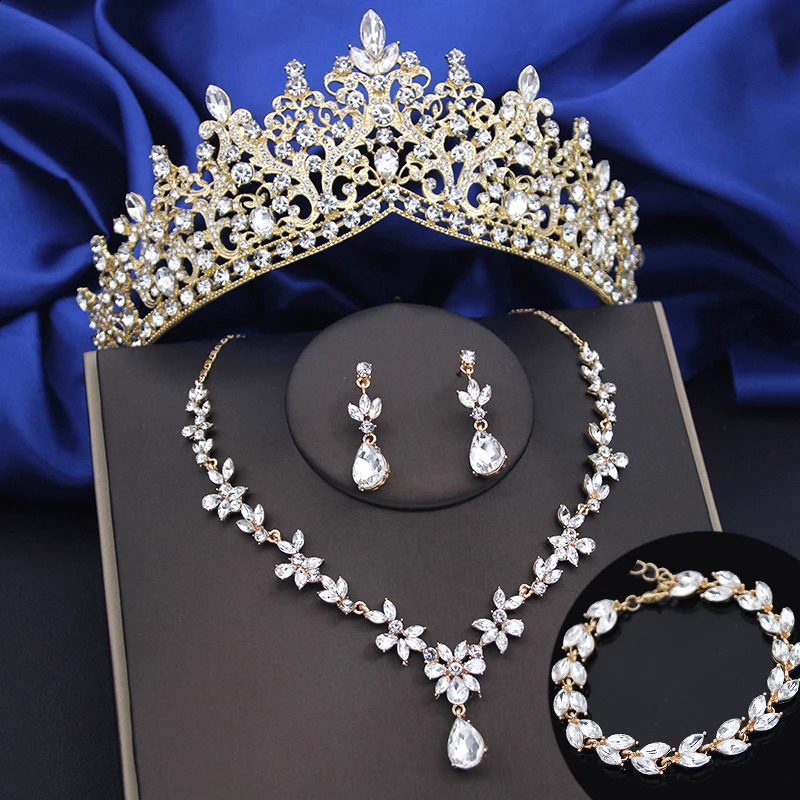 4-piece Lime Green Crown Jewelry Set Womens Fashion Tiaras Bracelet Earrings and Necklace Set Bridal Wedding Promotion Accessories 240805