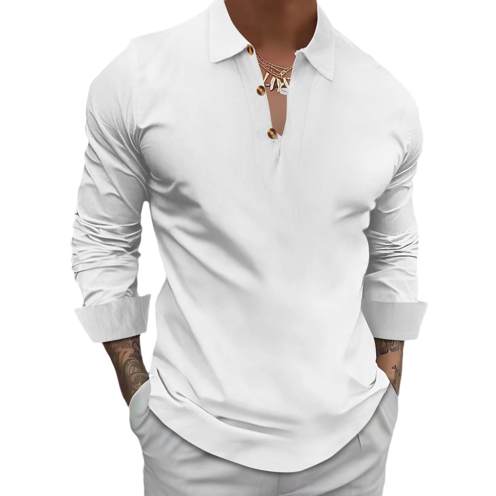 Spring and Summer Mens Long Sleeved Cotton and Linen Lapel Button Casual Polo Shirt