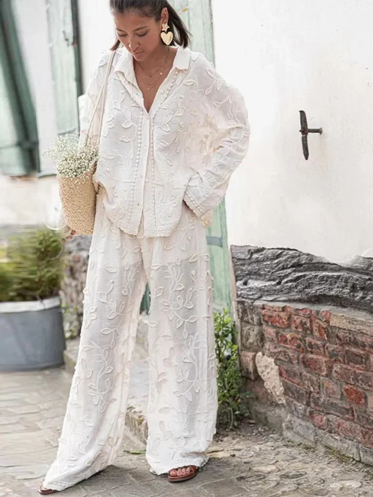 Loose Embroidery Print Pants Set Women Elegant Solid Lapel Long Sleeve Shirt Two Pieces Sets Spring Chic Female Streetwear 240809