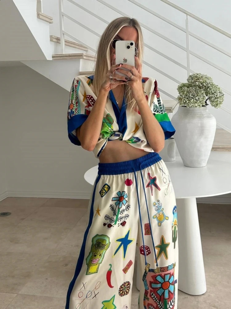 Satin Loose Patchwork Vintage Women Sets Elegant Short Sleeve Shirt Long Pants Two Piece Sets Summer Beach Women Outfits 240809