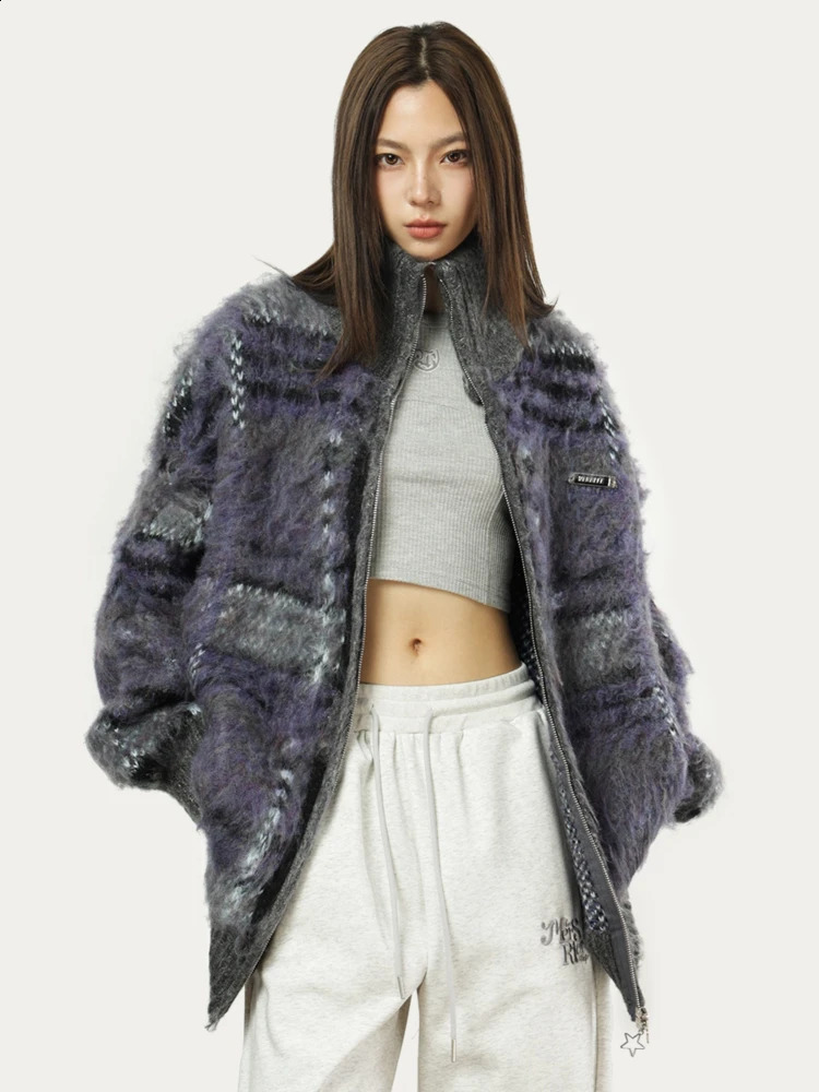 Plaid Cardigan Women Autumn Contrast Color Baggy Retro sweet American Style Daily Trendy Slouchy Blocking Couple 240809