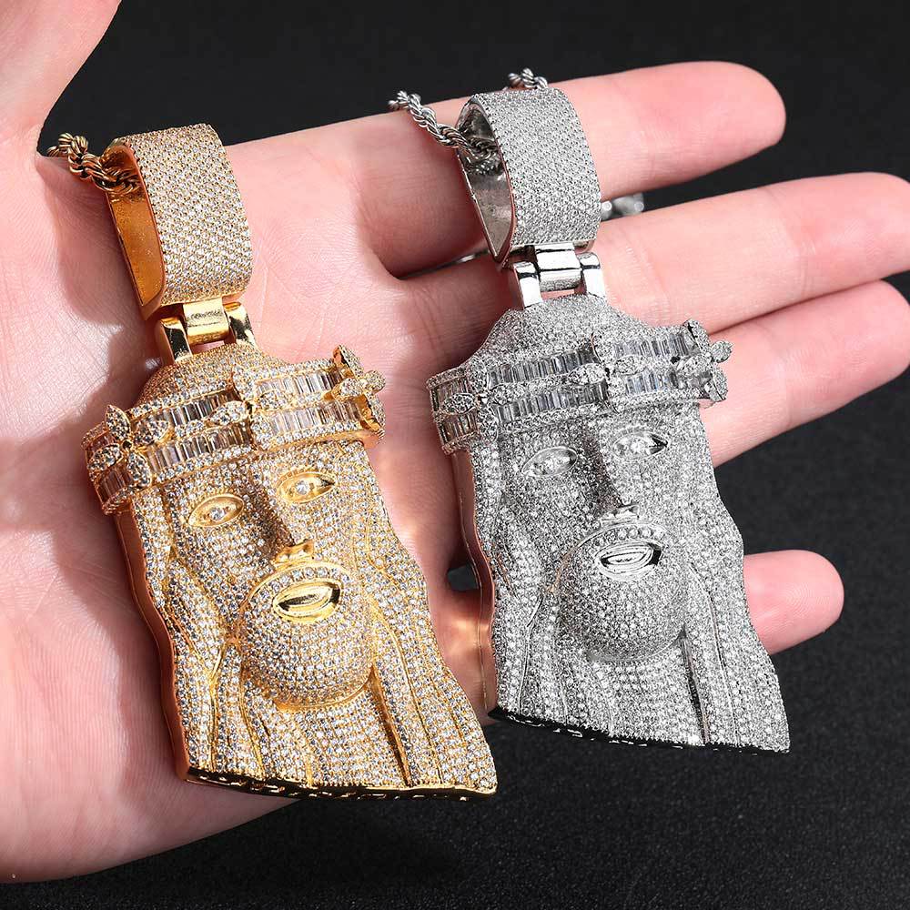 Hip Hop Jesus Face Pendant Necklace T Square Zircon 18k Real Gold Plated Mens Jewelry