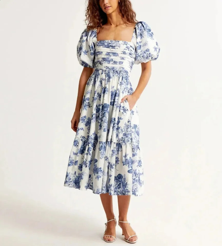 Summer Fashion Printed Dress Women Causal Beach Style Puff Sleeve High Waist A-line Dress Women 240810