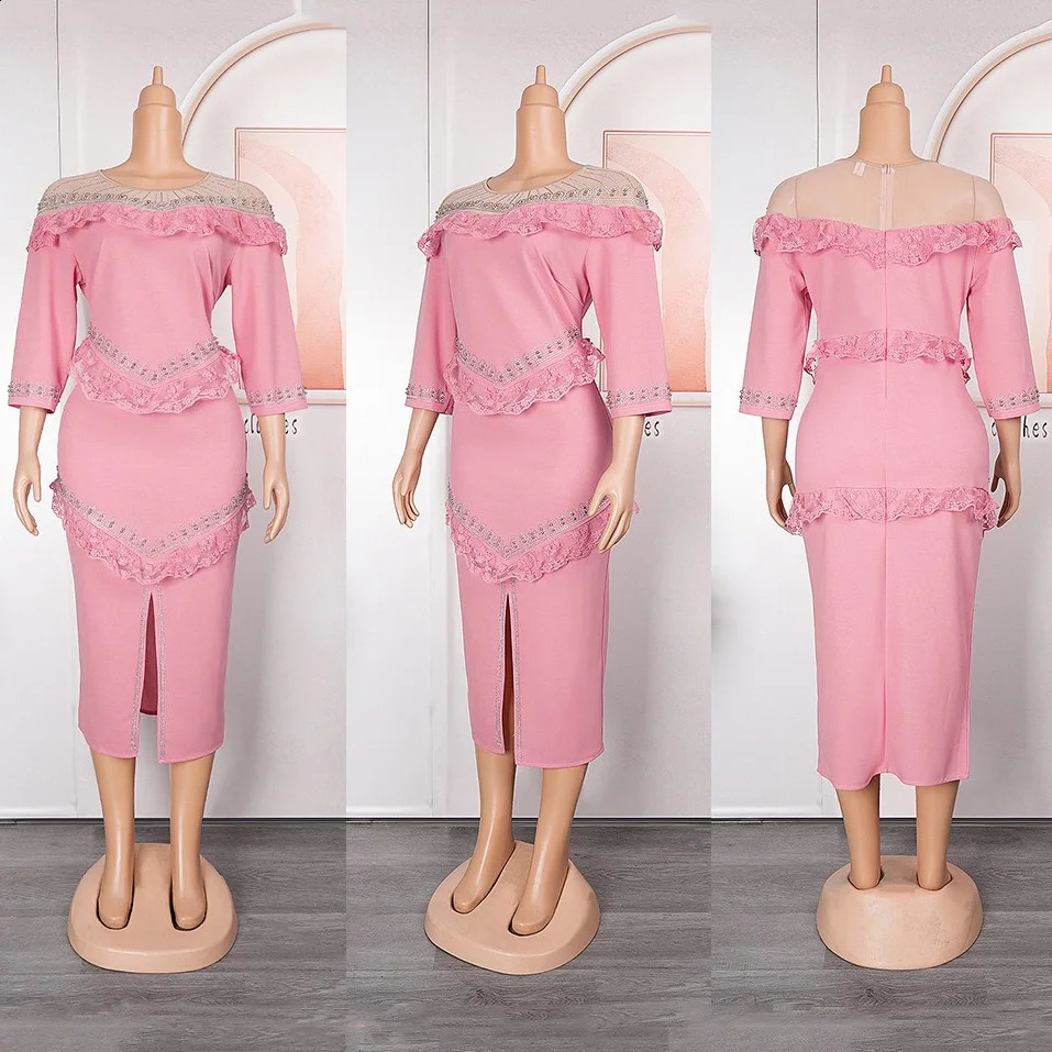 Work Dress for Women Office Elegant O Neck Full Sleeve Diamond Lace Patchwork Front Split Mid Calf Professional Office Dress OL 240809