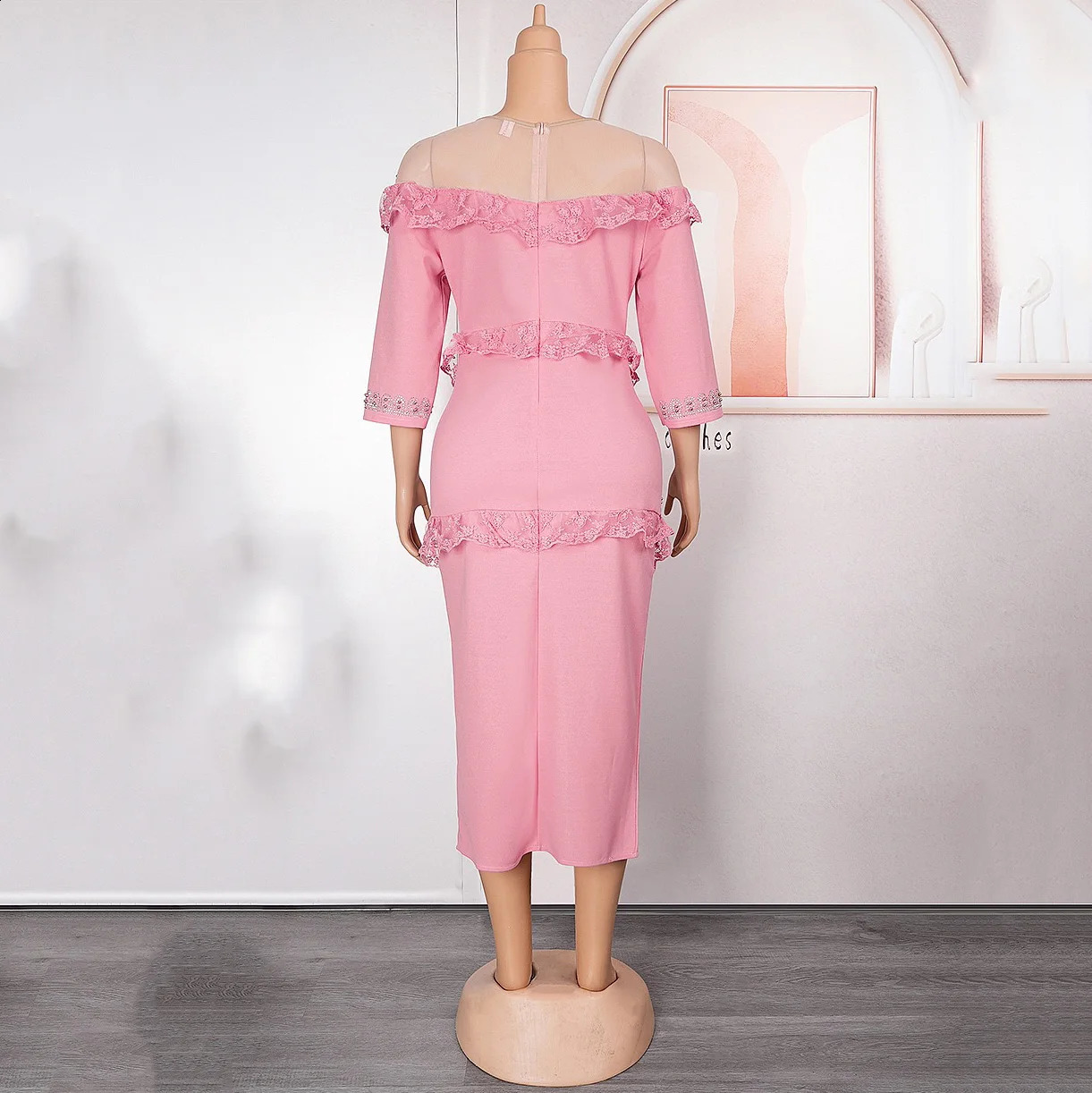 Work Dress for Women Office Elegant O Neck Full Sleeve Diamond Lace Patchwork Front Split Mid Calf Professional Office Dress OL 240809