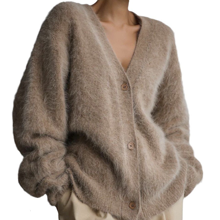 Imitation Mink Wool Knitted Sweater Cardigan Autumn/winter Lazy Loose Long Sleeved V-neck Sweater Jacket for Women