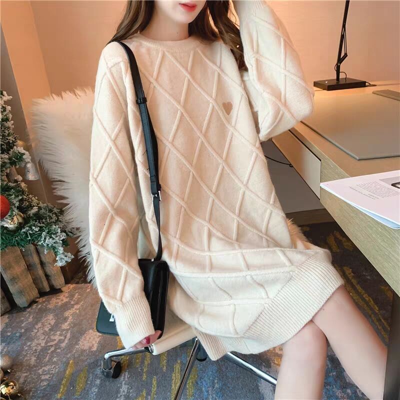 Red Christmas for women, medium to long, thick lazy style, loose and heart-shaped pullover, knitted sweater trend dongdumaoyi