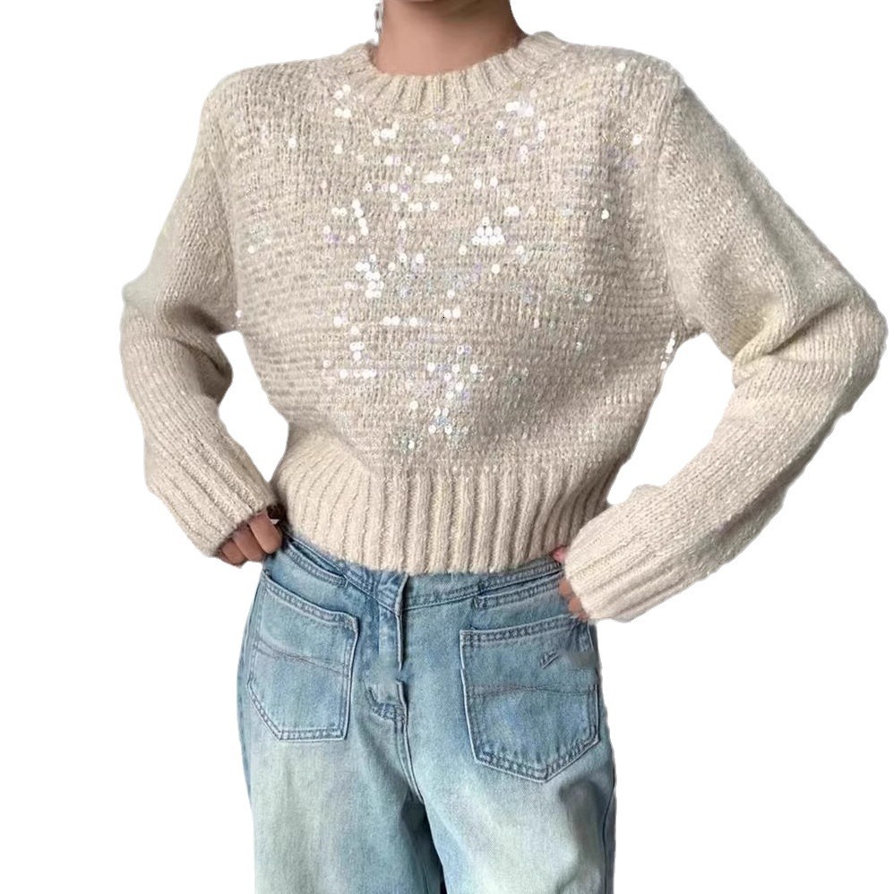 French sequin knit top for women's autumn and winter, new lazy style pullover with round neck, heavy-duty, super beautiful short sweater dongduma
