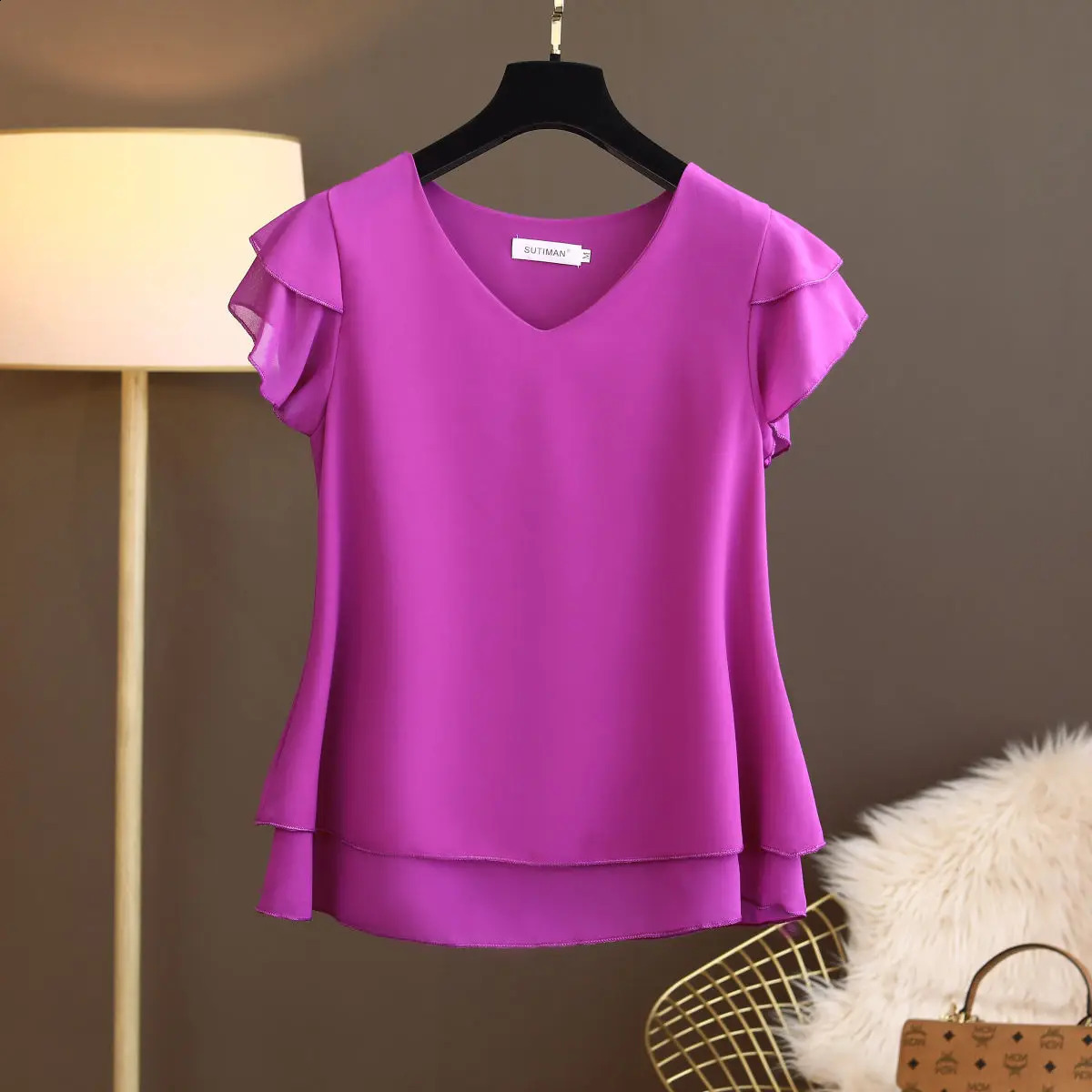 2024 Summer Womens Vneck Chiffon Shirt Loose Short sleeved Oversized Top Blusas Mujer De 240809