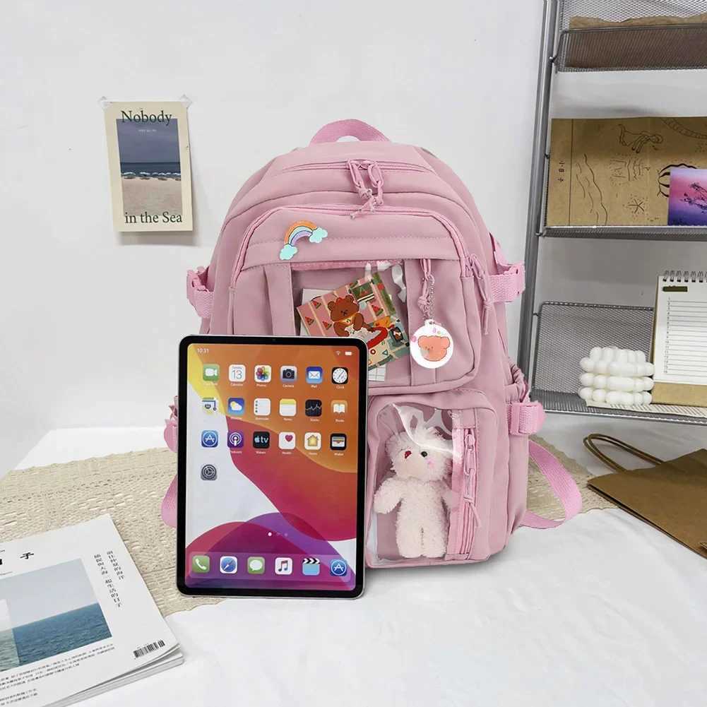 College Student Rucksack Fashion Casual Book Bags Nylon with Plush Pendant Pin Cute Large Capacity Japanese Style for Teen Girls Y240809