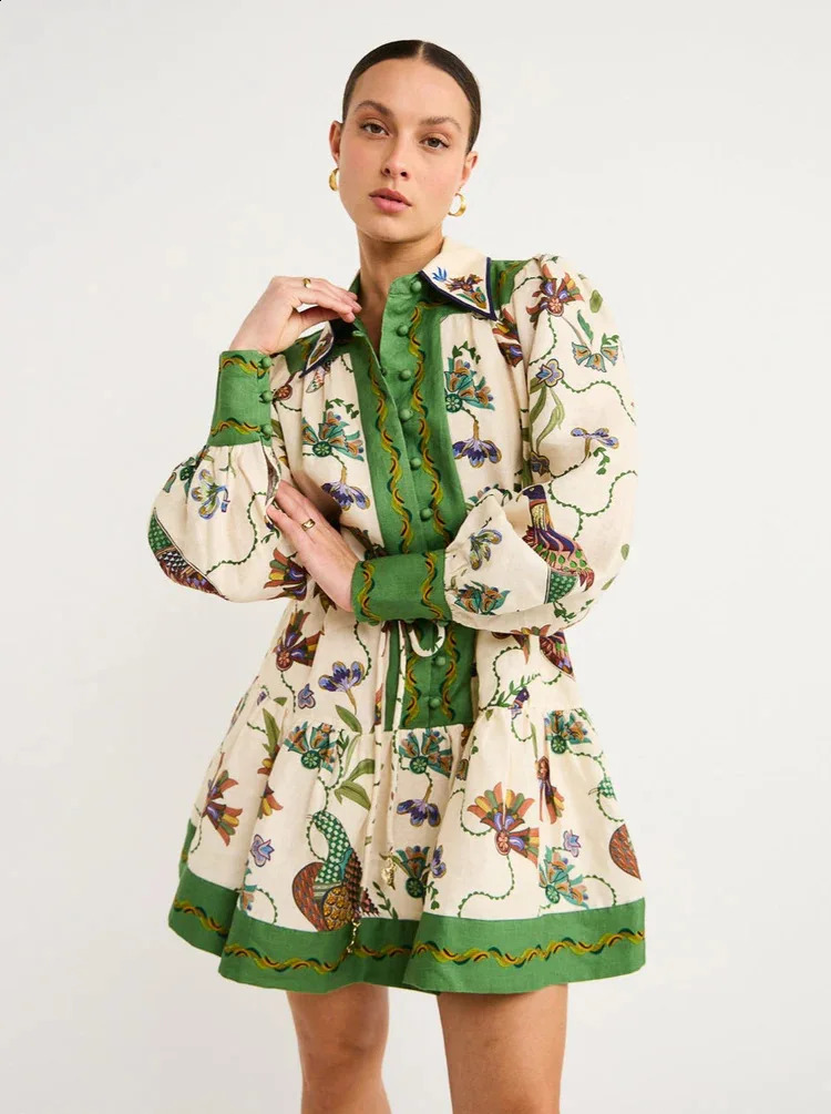 Long-sleeved Short Dress Flower Girl Floral Print Long-sleeved Lantern Sleeve Dress Lapel Graffiti Print Lace-up Dress For Women 240810