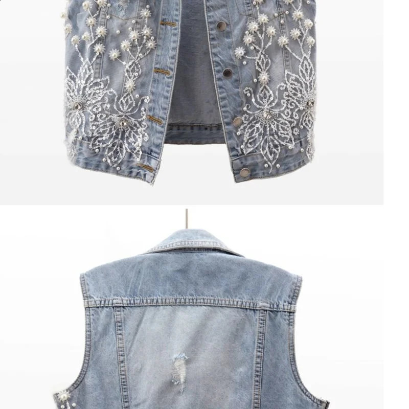 Women Denim Vest 2024 Pearls Fashion Ripped Autumn Jeans Jacket Sleeveless Loose Short Coat Causal Waistcoats Outwear Tops 240813