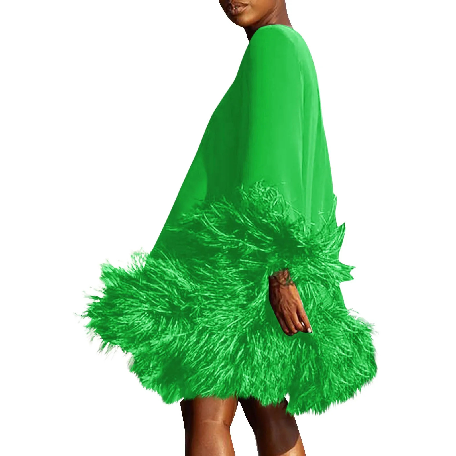 Feather Fur Patchwork Mini Dress Elegant Party Long Sleeve Dress Autumn Winter Female Sexy Personality Y2k Solid Tank Top 240902