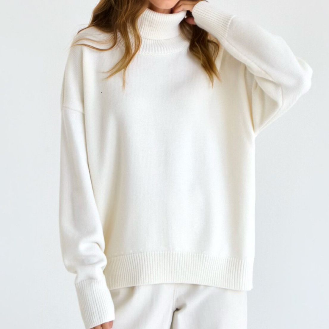 Solid color high neck 2024 autumn/winter loose knit versatile classic sweater for women dongdumaoyi