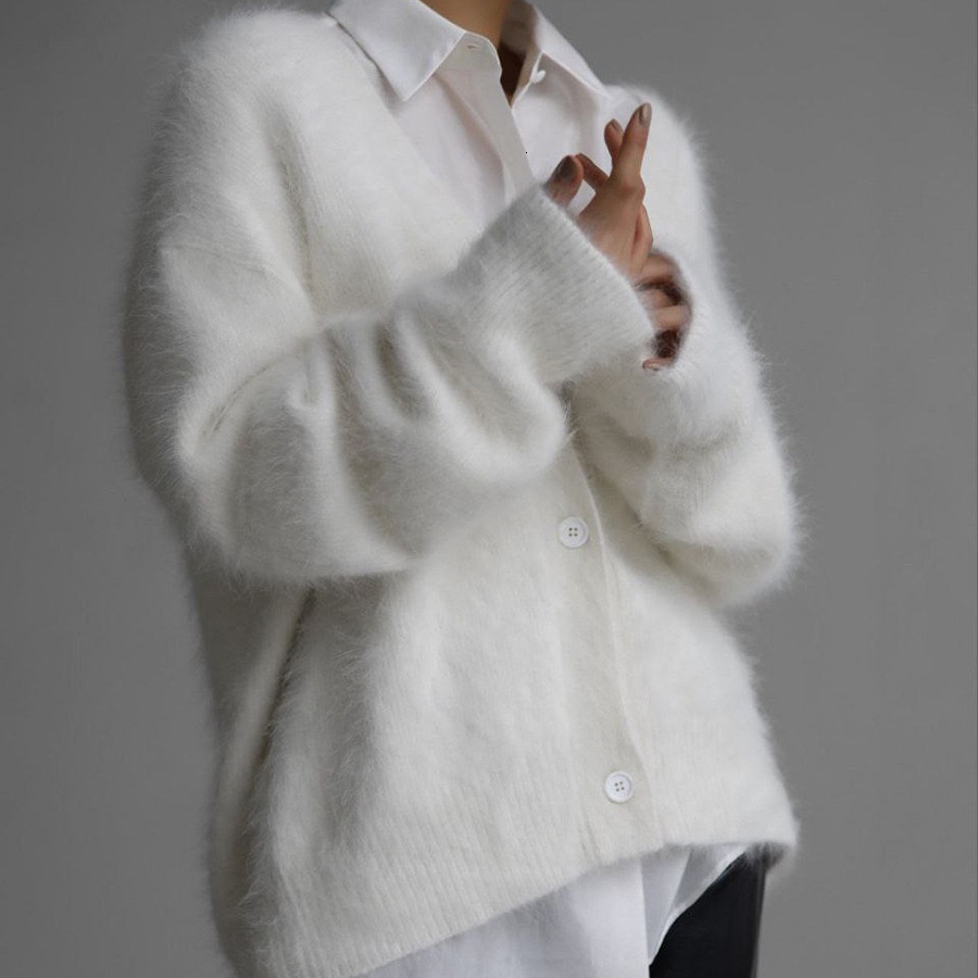Imitation Mink Wool Knitted Sweater Cardigan Autumn/winter Lazy Loose Long Sleeved V-neck Sweater Jacket for Women