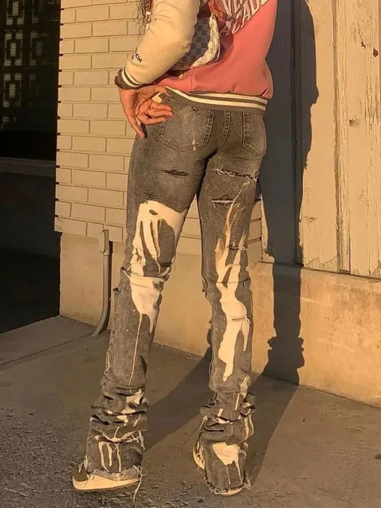 Sifreyr Casual Ripped Hole Jean Fashion Gray Print High Waist Denim Skinny Trousers Streetwear Bottoms Y2K Stacked Pants 250206