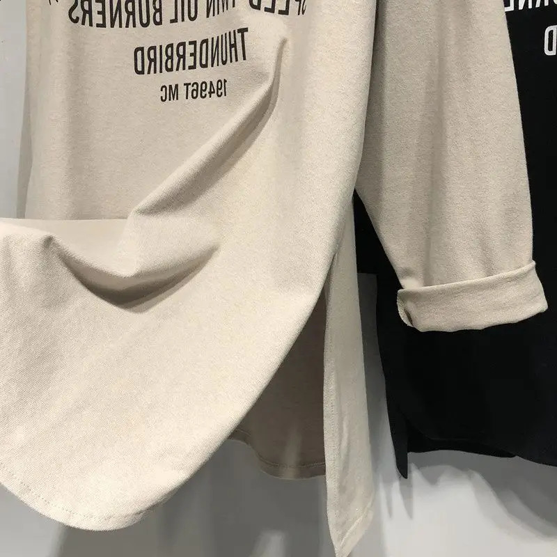 Womens Spring and Autumn Fashion Casual Solid Color Floral Letter Medium length Round Neck Loose Split Long Sleeve T-shirt Top 240826