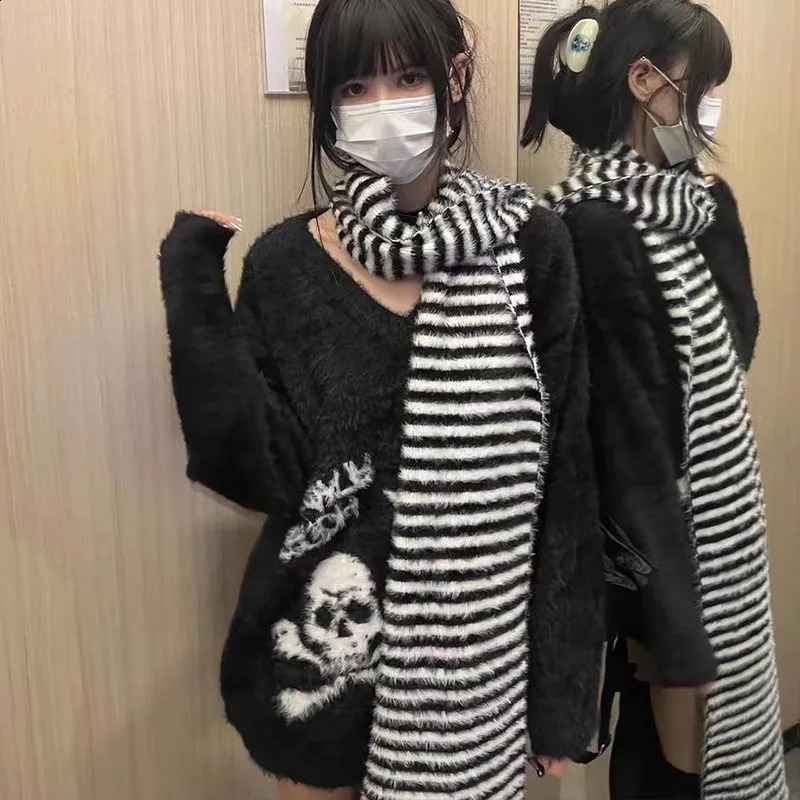 Karrram Gothic Skulls Sweater Grunge Dark Aesthetics Knitted Jumper V-neck Harajuku Loose Mohair Pullover Emo Alt Knitwear Y2k 240812