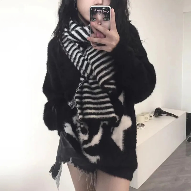 Karrram Gothic Skulls Sweater Grunge Dark Aesthetics Knitted Jumper V-neck Harajuku Loose Mohair Pullover Emo Alt Knitwear Y2k 240812