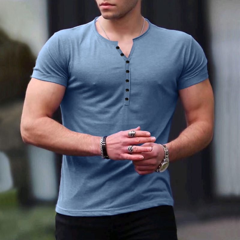 24ss Mens Summer New Mens Henley Shirt Solid Color Button Mens Short Sleeve T-shirt