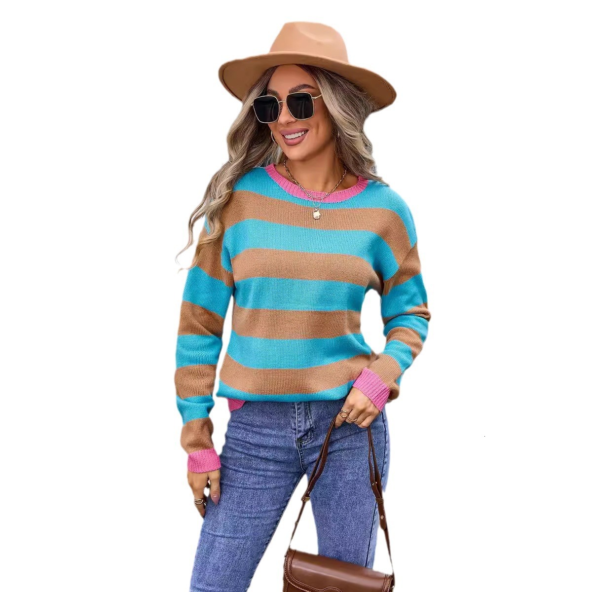 Autumn/winter New Large Womens Sweater Flower Long Sleeve Round Neck Knitted Sweater Womens Fashion Trend