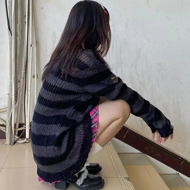 Over Size Grey Striped Gothic Lolita Sweaters Women Ripped Holes Loose Knitted Y2k Hollow Out Broken Emo Punk JK Girl Streetwear 240812