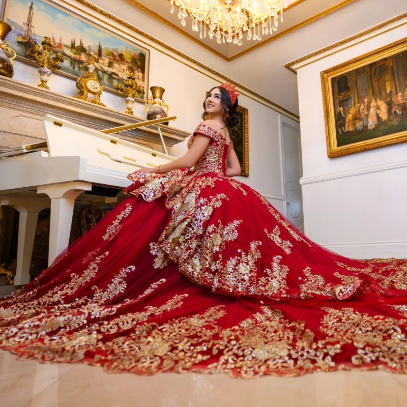 Red 2024 Off The Shoulder Gold Sequins Lace Appliques Pearl Ruffles Sweet 16 Dress Vestidos 15 De Quinceanera