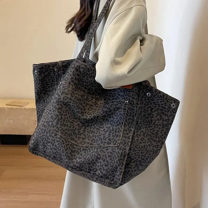 Leopard Pattern Tote Bag Vintage Canvas Shoulder Fashion Big Capacity Handbag For School Work Shopping y240816