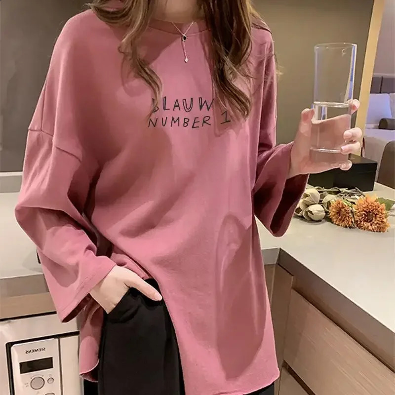 Autumn womens long sleeved O-neck side split T-shirt Harajuku letter printed T-shirt casual oversized T-shirt womens top Y2k streetwear 240826