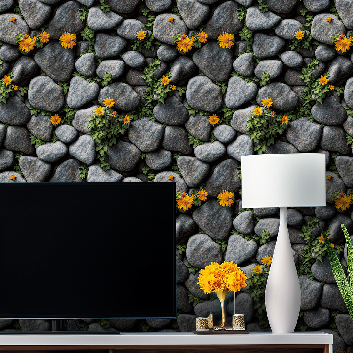 Cross border simulation stone wall green plants flowers retro wallpaper waterproof and moisture-proof home decoration