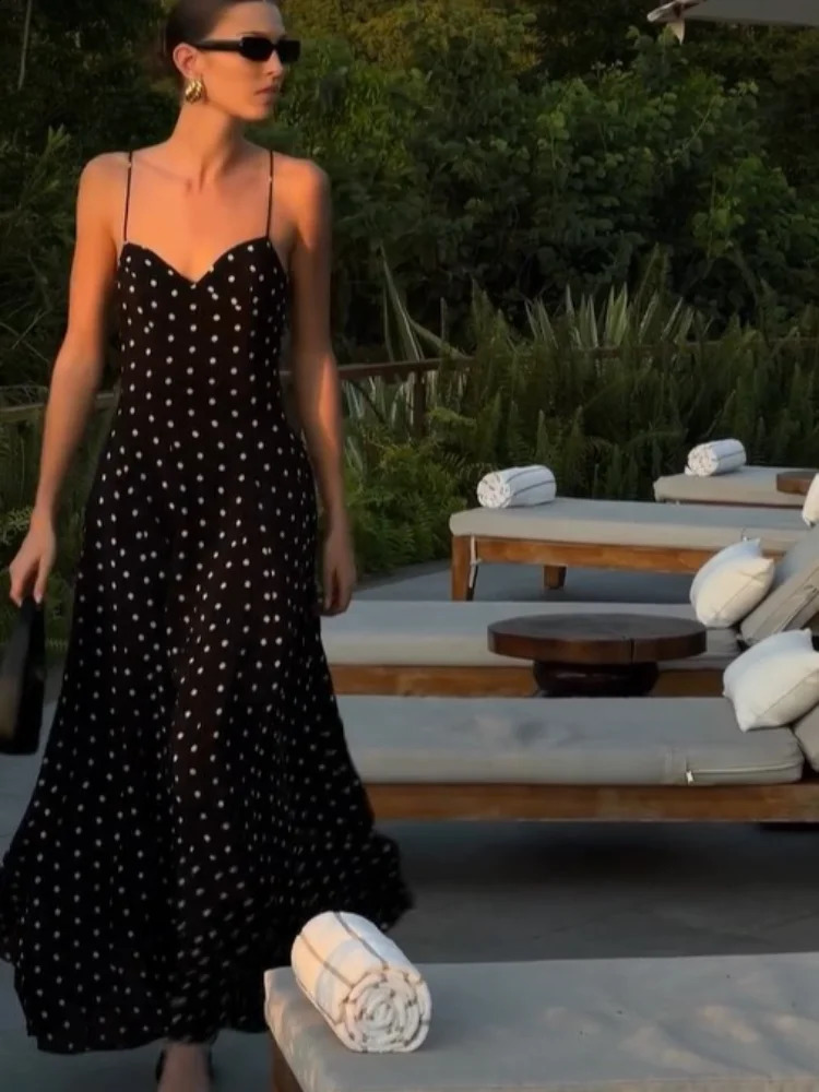 Polka dot print spaghetti strap pants for 2024 summer classic high waisted Aline party dress lace streetwear long skirt 240809