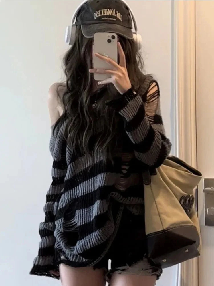 Gothic Sexy Hollow Out Sweaters Women Y2K Striped Loose Long Sleeve Punk Knitted Jumpers Streetwear Harajuku Hip Hop Tops 240812