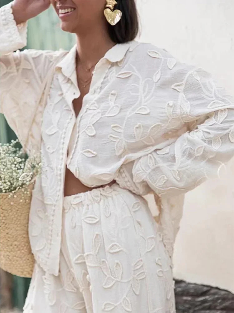 Loose Embroidery Print Pants Set Women Elegant Solid Lapel Long Sleeve Shirt Two Pieces Sets Spring Chic Female Streetwear 240809