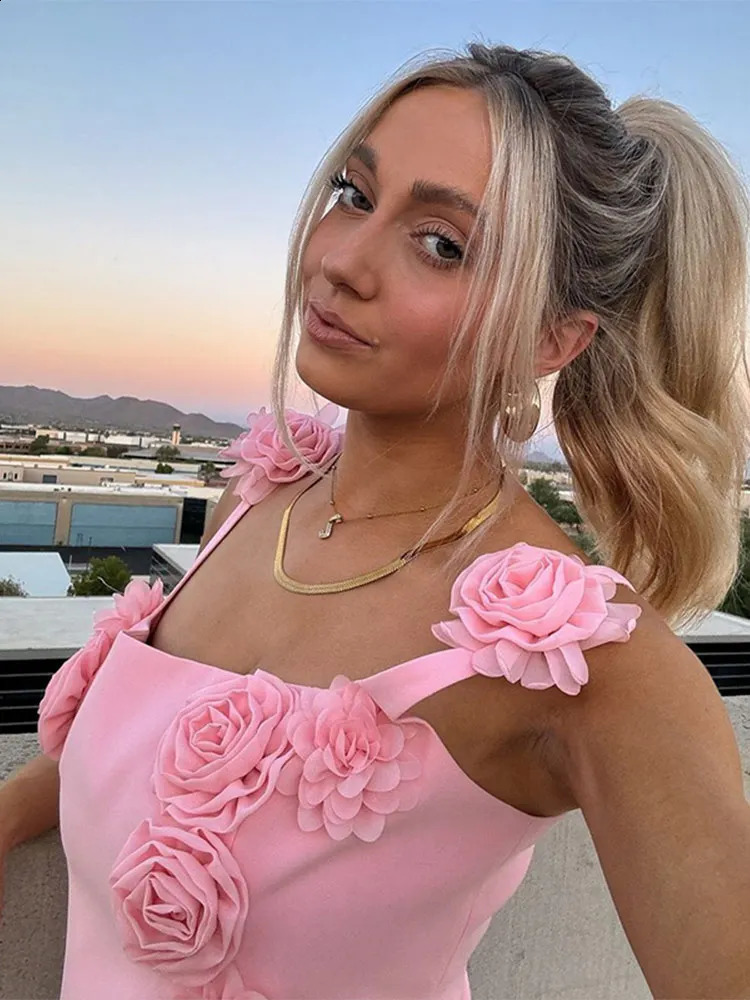 Pink 3d Flower Solid Slim Mini Dress For Women Sexy Squar Collar Strap Sleeveless Vestidos Fashion Ladies Streetwear Robe 240810