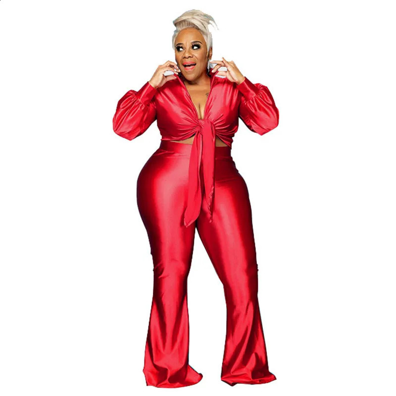 Plus Size Women Clothing Sexy Outfits PU Leather Long Sleeve Top and Pants Sets Bodycon Two Piece Set Wholesale Drop 240823