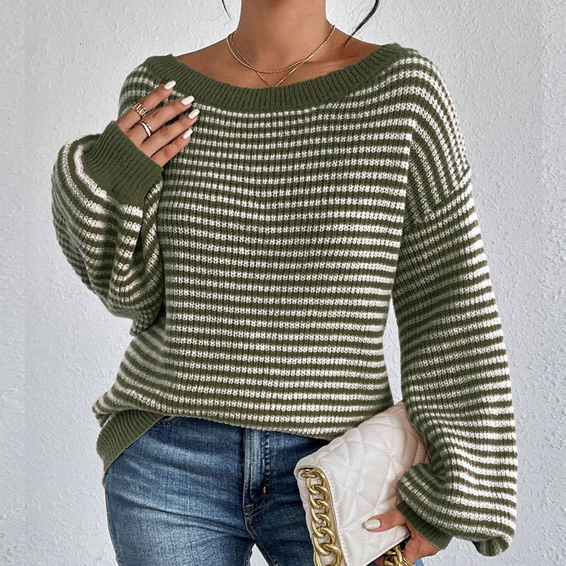 Autumn and Winter New Loose One Shoulder Off Shoulder Knitted Sweater with Lantern Sleeves and Striped Sweater for Women