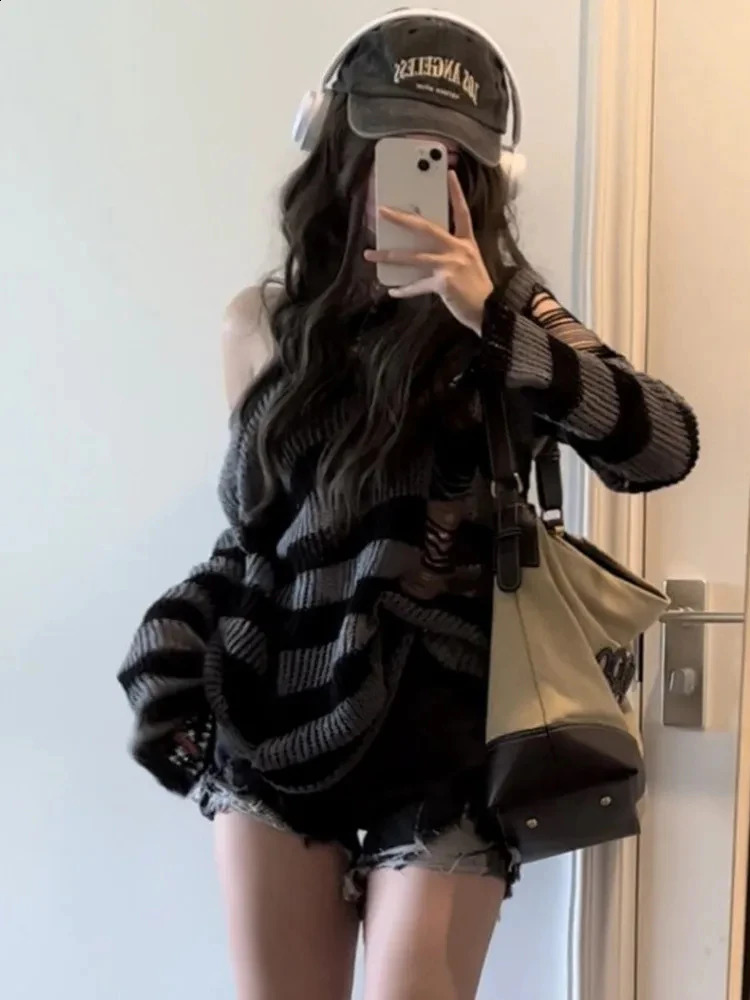 Gothic Sexy Hollow Out Sweaters Women Y2K Striped Loose Long Sleeve Punk Knitted Jumpers Streetwear Harajuku Hip Hop Tops 240812