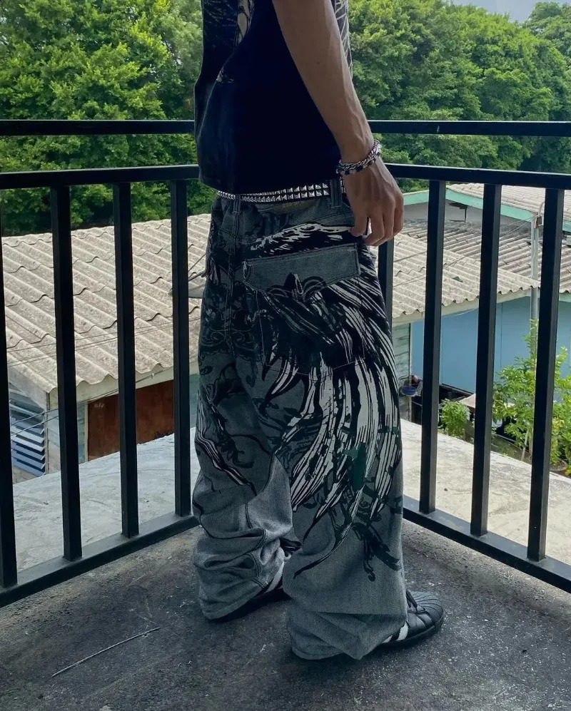 SIRI American Street Mopping Pants Y2K Loose Jeans Harajuku Hip-hop Retro Oversized Print Jeans Mens Gothic Wide-leg Pants 240810